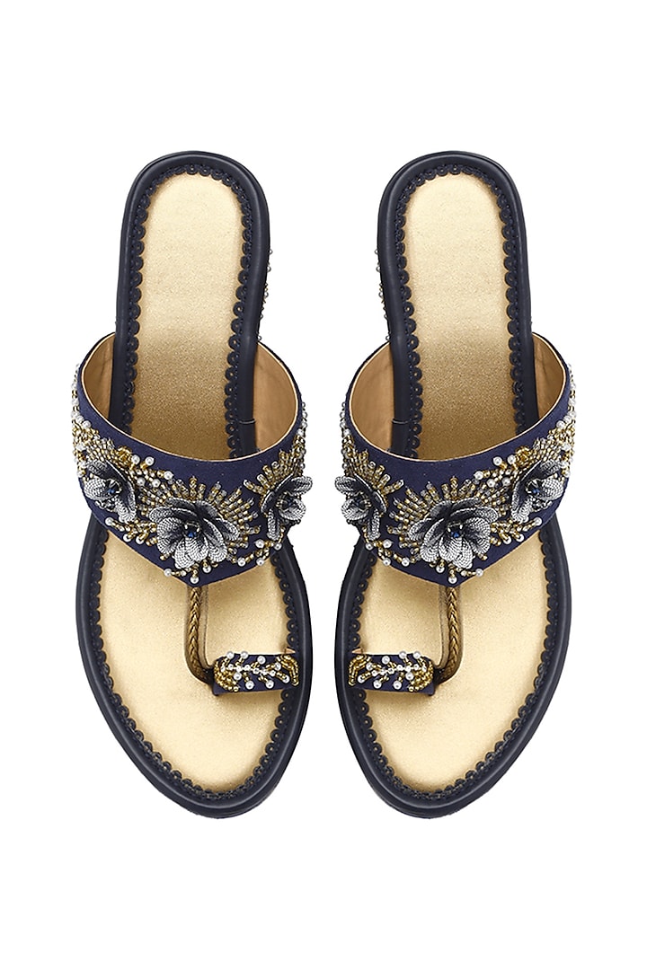 Midnight Blue Crepe Embellished Wedges by House of Vian