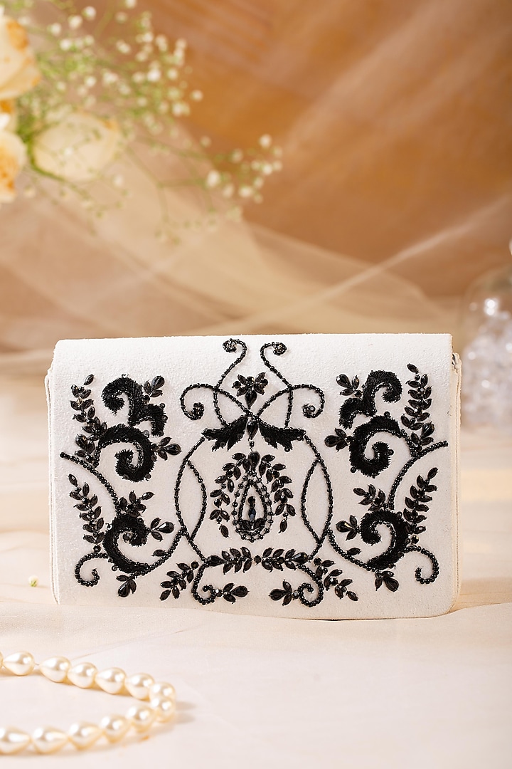 White Bead Embellished Clutch by House of Vian