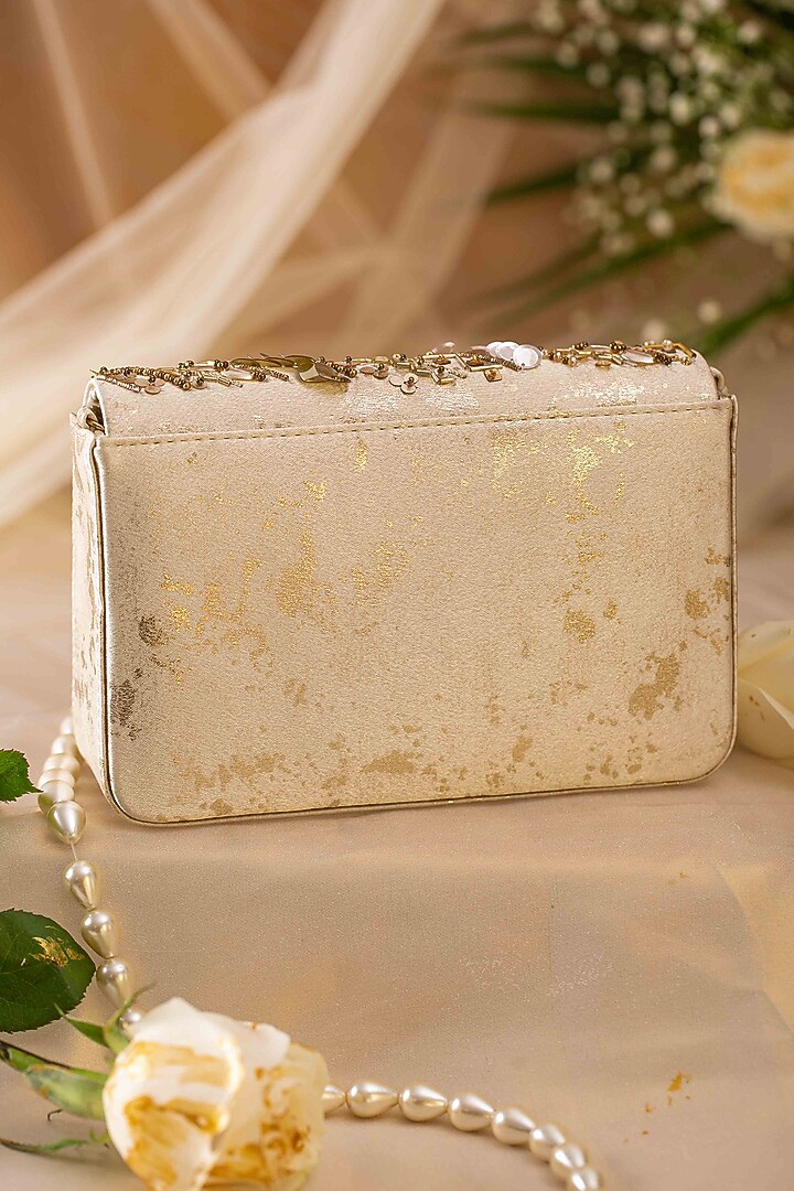 Gold Textured Fabric Bead Embellished Clutch by House of Vian at Pernia's Pop Up Shop