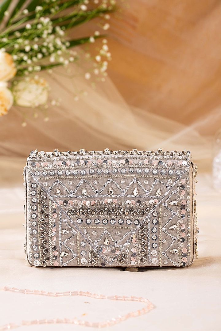 Silver Suede Embellished Clutch by House of Vian