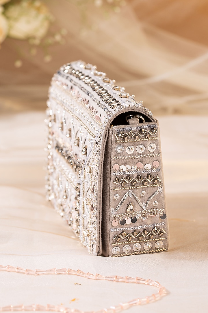 Silver Suede Sequins Embellished Clutch by House of Vian at Pernia's Pop Up Shop