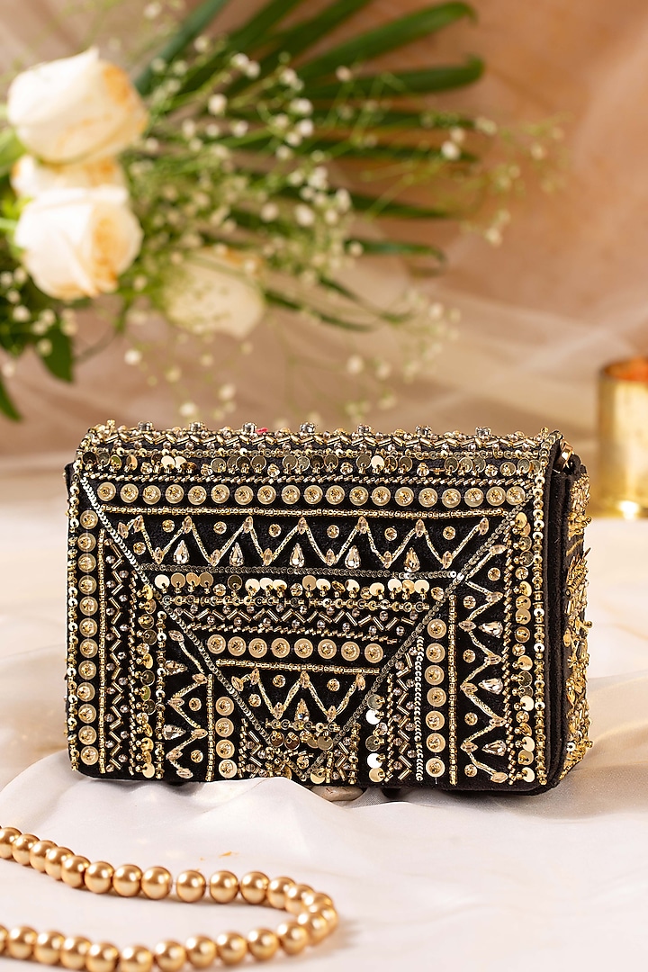 Black Suede Embellished Clutch by House of Vian
