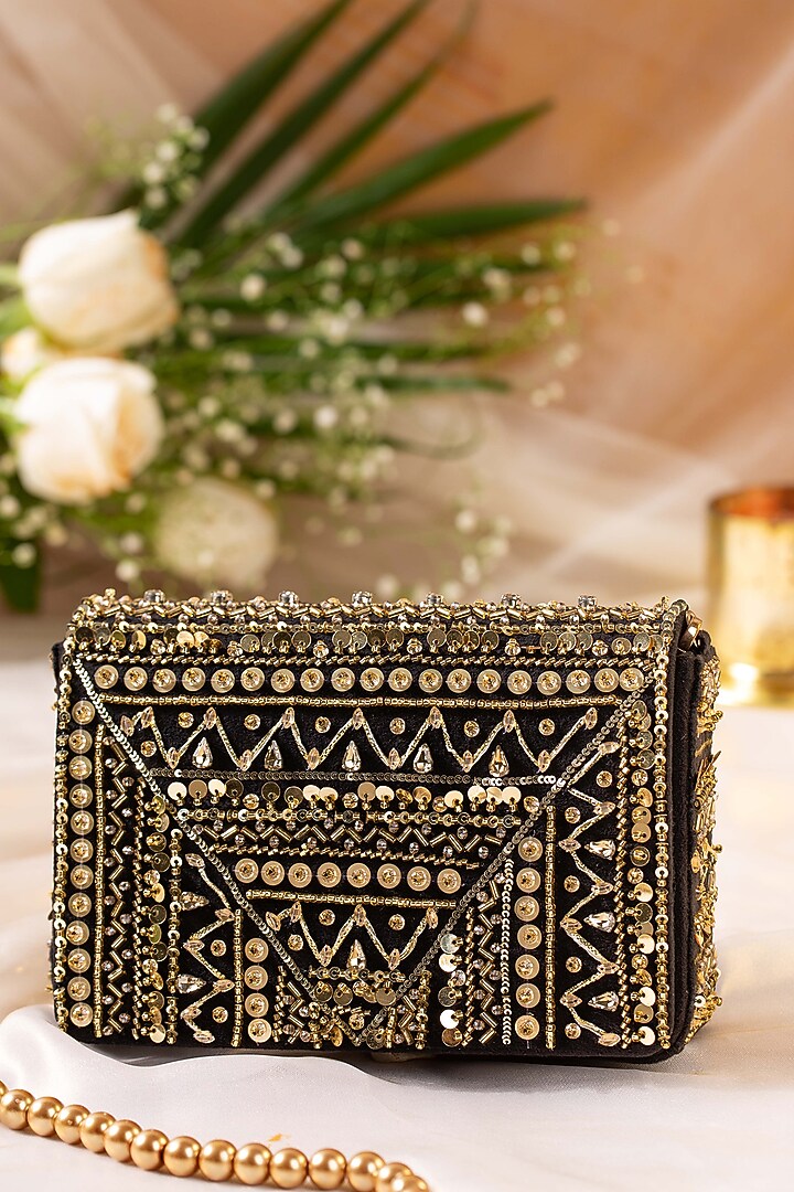 Black Suede Embellished Clutch by House of Vian at Pernia's Pop Up Shop