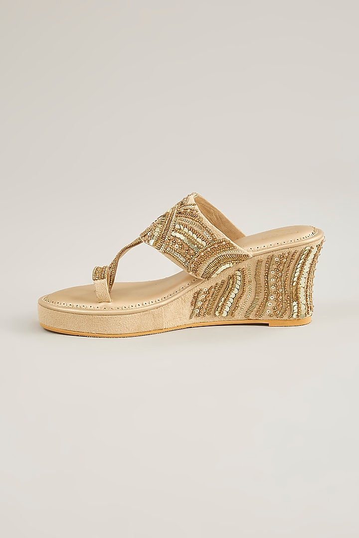 Beige Suede Mirror Embellished Wedges by House of Vian at Pernia's Pop Up Shop