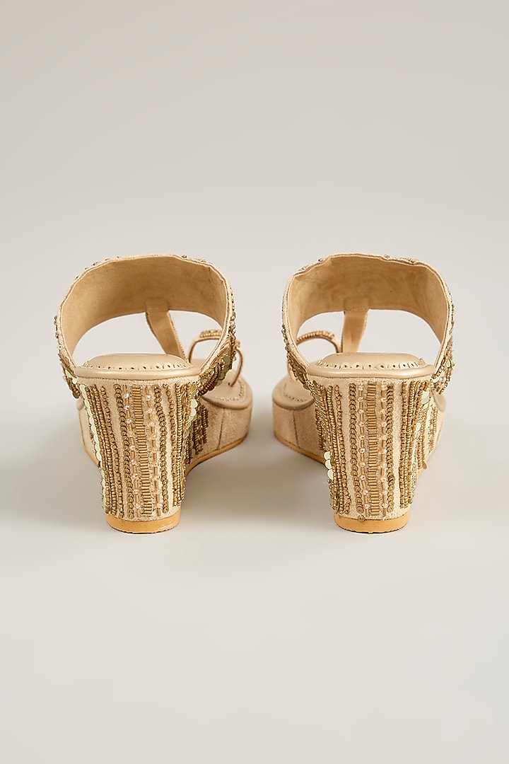 Beige Suede Mirror Embellished Wedges by House of Vian at Pernia's Pop Up Shop