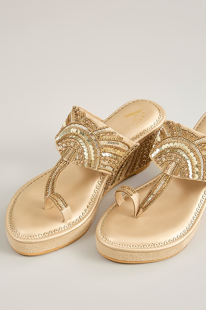 Beige Suede Mirror Embellished Wedges by House of Vian at Pernia's Pop Up Shop