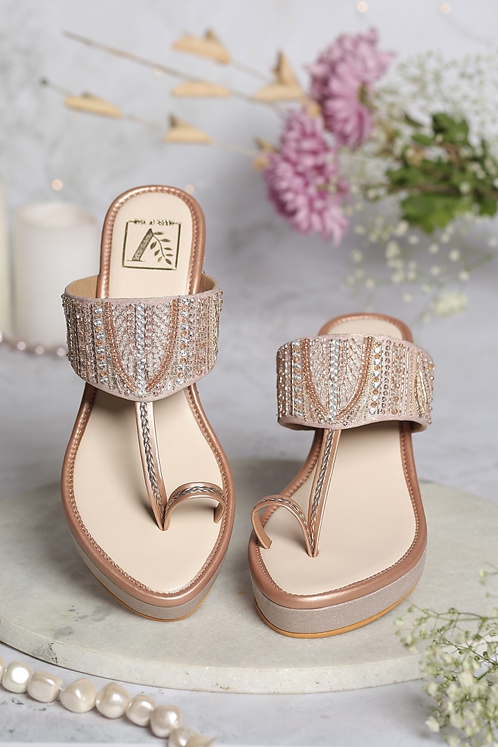 Rose Gold Shimmer Banana Crepe Crystal Embellished Wedges by House of Vian at Pernia's Pop Up Shop