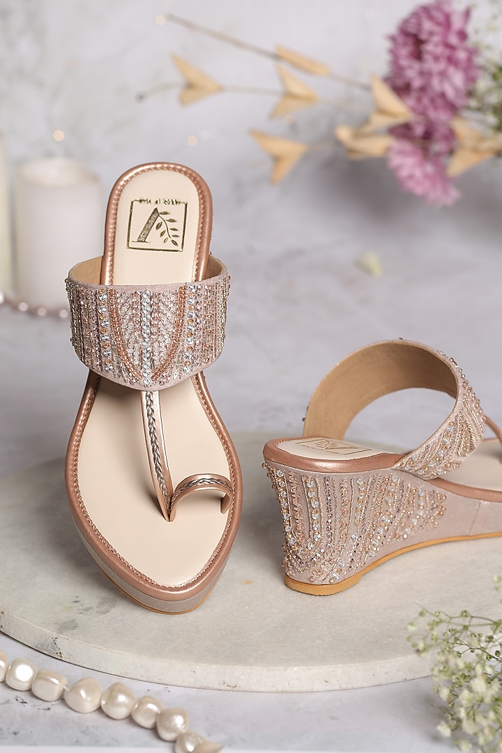 Rose Gold Shimmer Banana Crepe Crystal Embellished Wedges by House of Vian at Pernia's Pop Up Shop