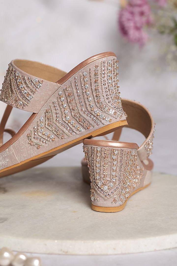 Rose Gold Shimmer Banana Crepe Crystal Embellished Wedges by House of Vian at Pernia's Pop Up Shop
