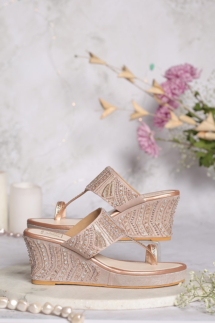 Rose Gold Shimmer Banana Crepe Crystal Embellished Wedges by House of Vian at Pernia's Pop Up Shop