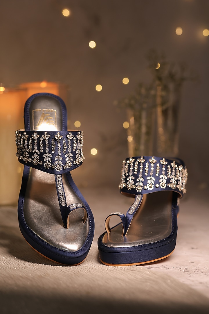 Blue Satin Sequins Embellished Wedges by House of Vian