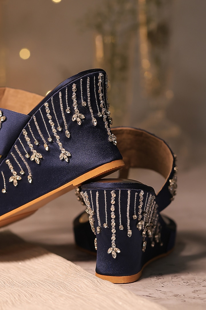 Blue Satin Sequins Embellished Wedges by House of Vian at Pernia's Pop Up Shop