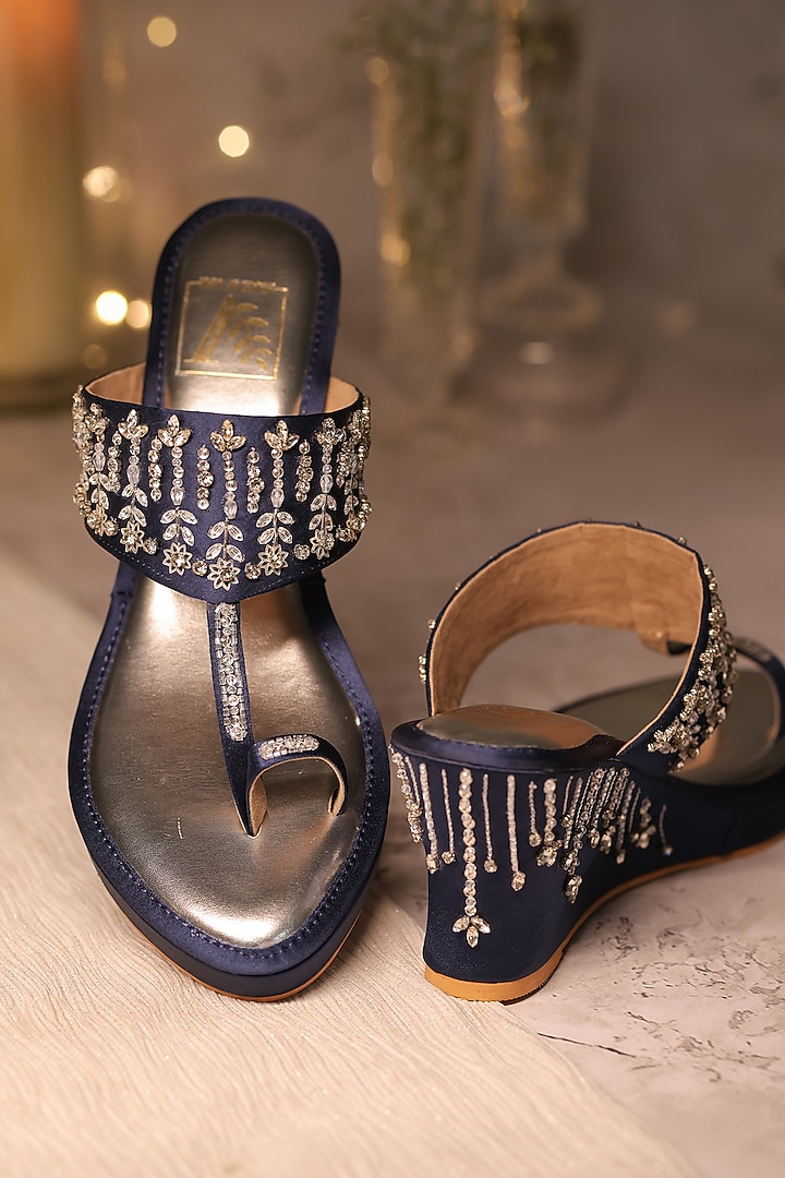 Blue Satin Sequins Embellished Wedges by House of Vian at Pernia's Pop Up Shop