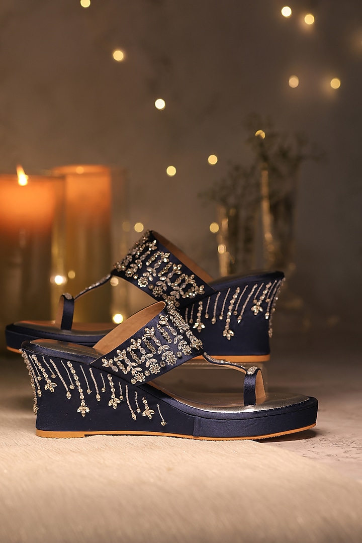Blue Satin Sequins Embellished Wedges by House of Vian at Pernia's Pop Up Shop