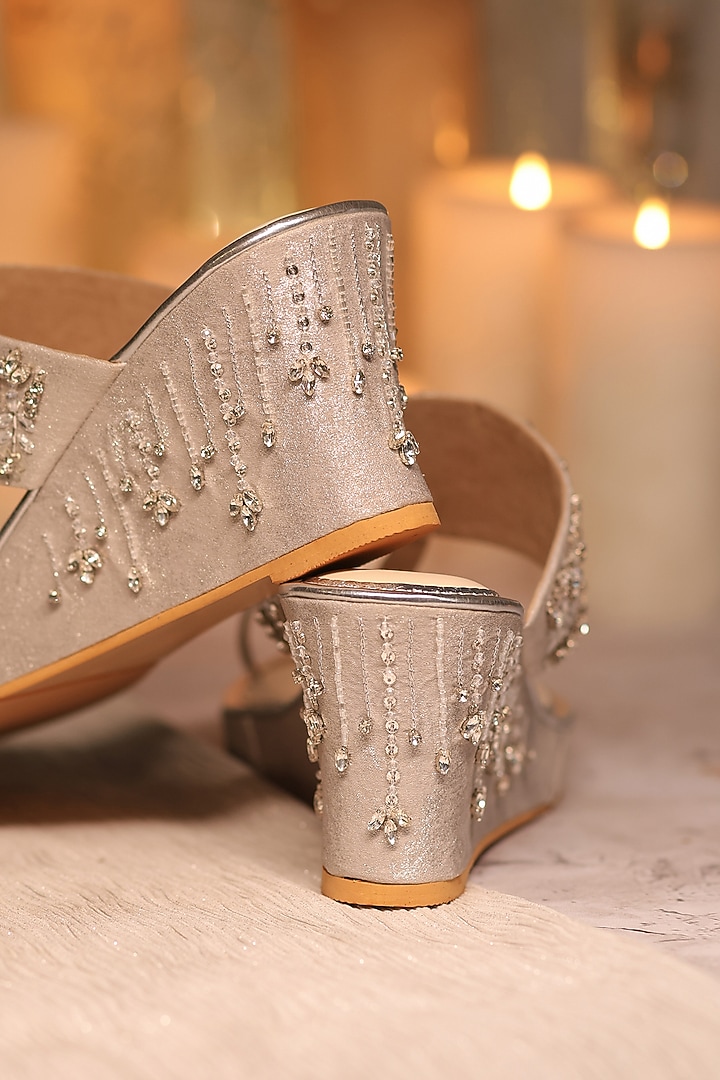Silver Shimmer Crepe Sequins Embellished Wedges by House of Vian at Pernia's Pop Up Shop