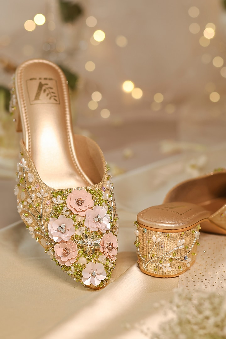 Gold Dupion Silk Floral Embroidered Mule Heels by House of Vian at Pernia's Pop Up Shop