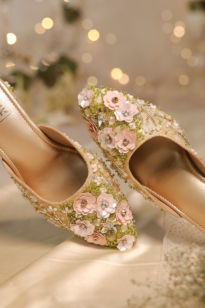 Gold Dupion Silk Floral Embroidered Mule Heels by House of Vian at Pernia's Pop Up Shop