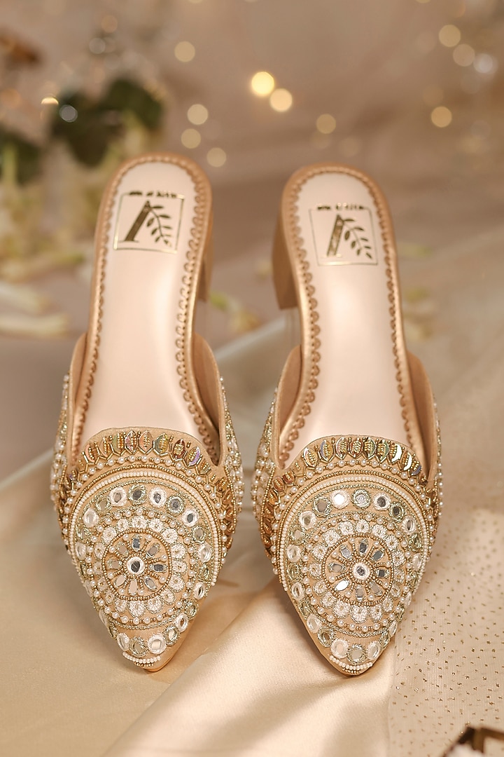 Gold Dupion Silk Pearl & Mirror Embellished Mule Heels by House of Vian at Pernia's Pop Up Shop