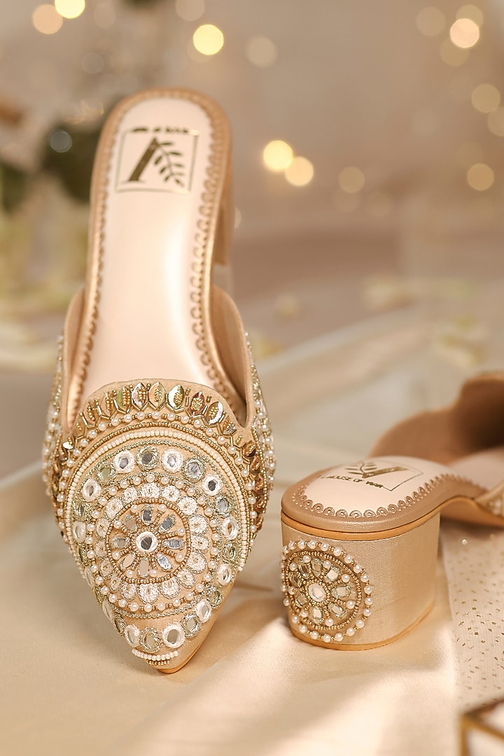 Gold Dupion Silk Pearl & Mirror Embellished Mule Heels by House of Vian at Pernia's Pop Up Shop