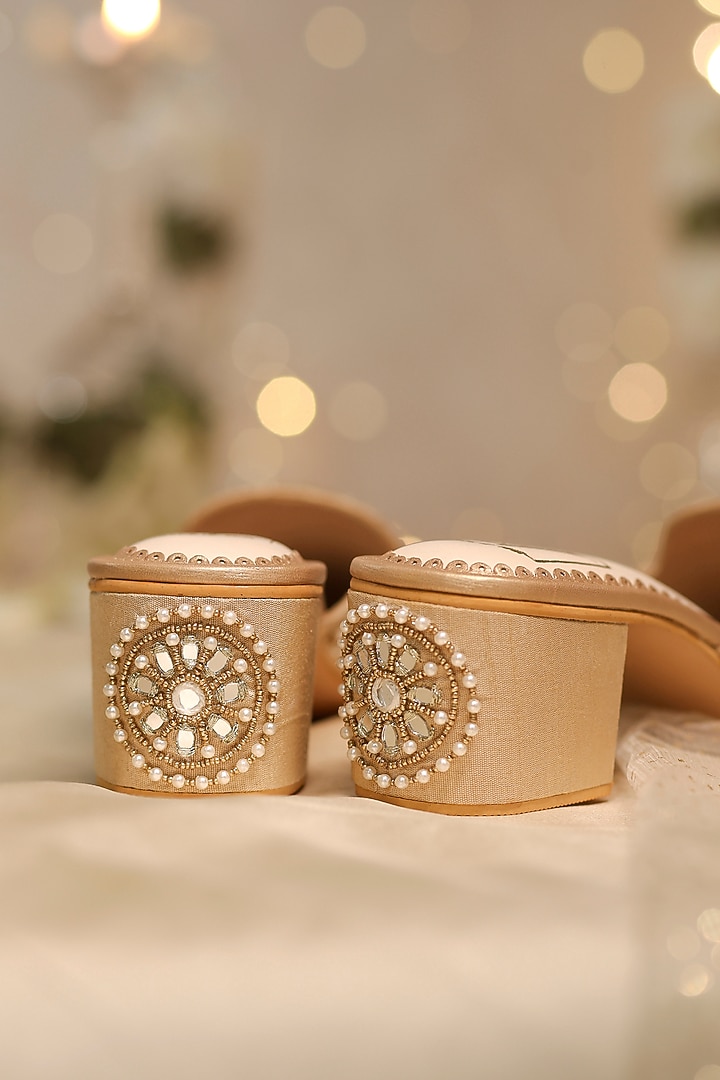 Gold Dupion Silk Pearl & Mirror Embellished Mule Heels by House of Vian at Pernia's Pop Up Shop