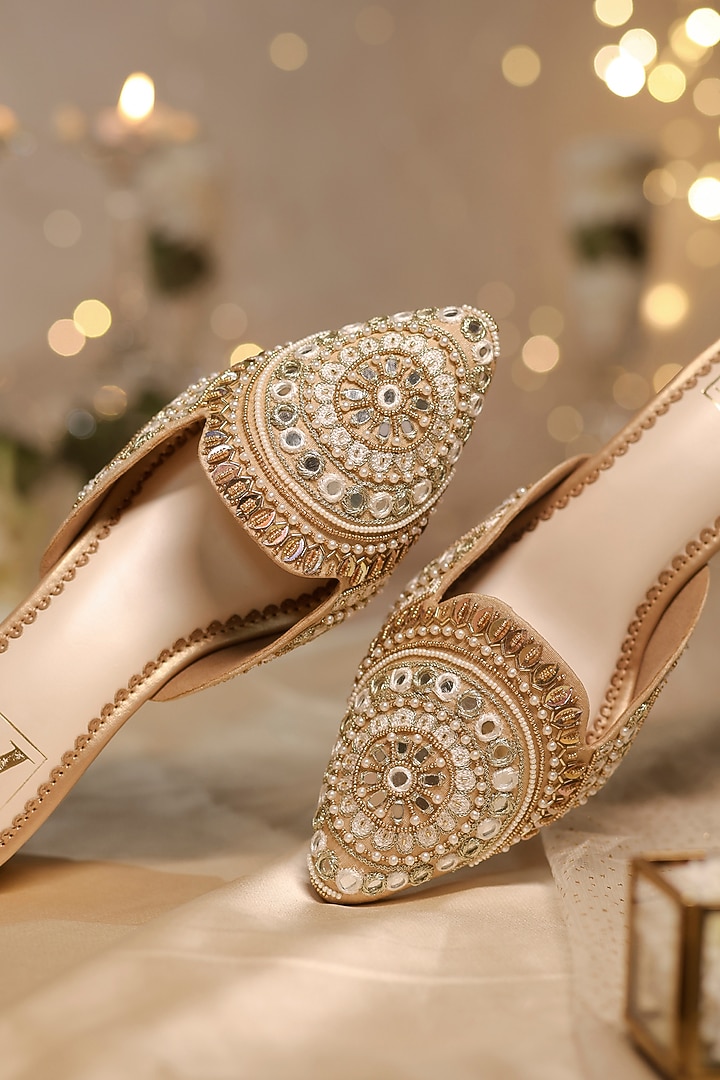 Gold Dupion Silk Pearl & Mirror Embellished Mule Heels by House of Vian at Pernia's Pop Up Shop
