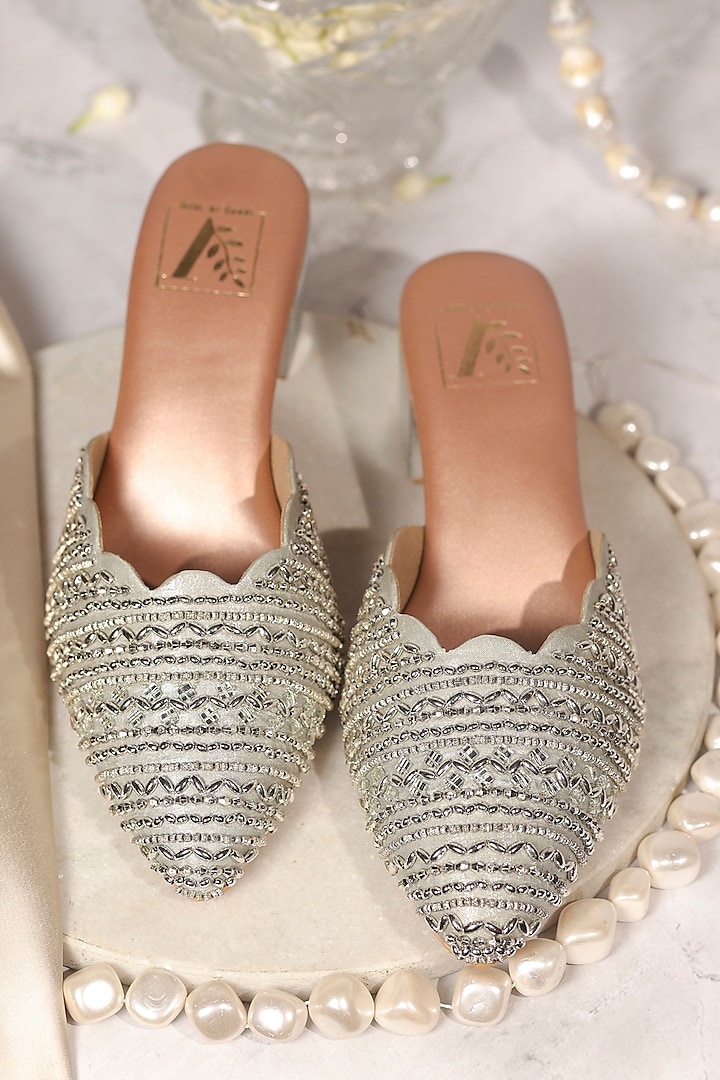 Silver Banana Crepe Embroidered Mule Heels by House of Vian