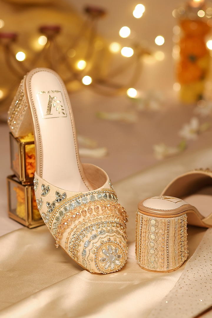 Gold Dupion Silk Mirror Embroidered Mule Heels by House of Vian at Pernia's Pop Up Shop