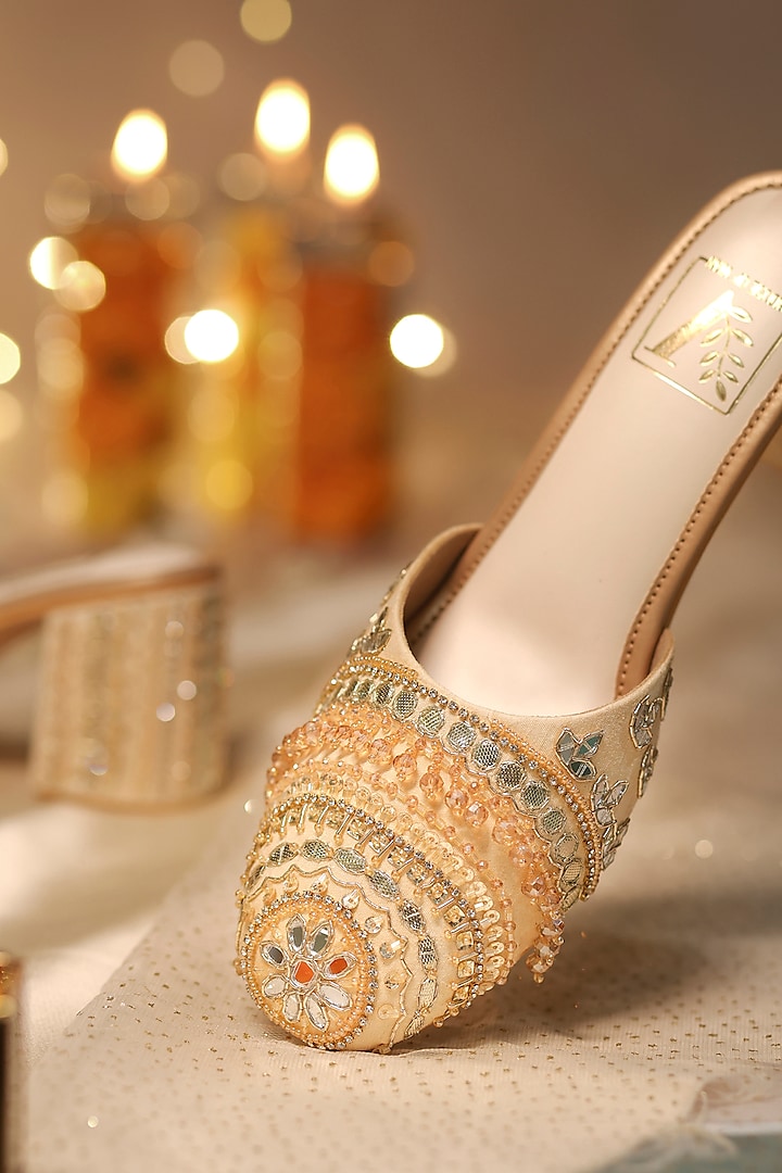 Gold Dupion Silk Mirror Embroidered Mule Heels by House of Vian at Pernia's Pop Up Shop