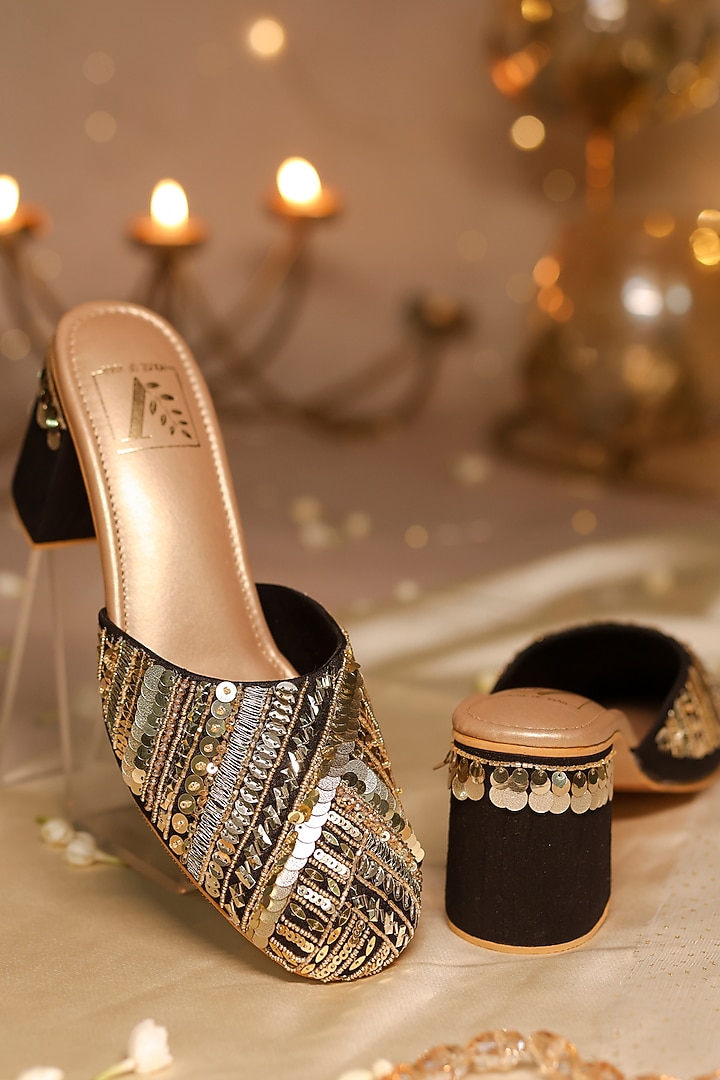 Black Dupion Silk Sequins Embellished Mule Heels by House of Vian at Pernia's Pop Up Shop
