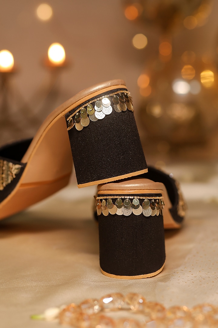 Black Dupion Silk Sequins Embellished Mule Heels by House of Vian at Pernia's Pop Up Shop