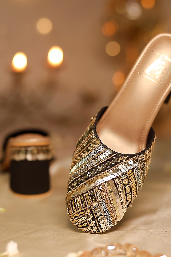 Black Dupion Silk Sequins Embellished Mule Heels by House of Vian at Pernia's Pop Up Shop