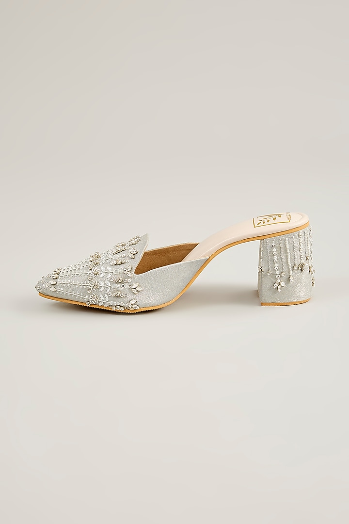 Silver Shimmer Banana Crepe Crystal Embroidered Mule Heels by House of Vian at Pernia's Pop Up Shop