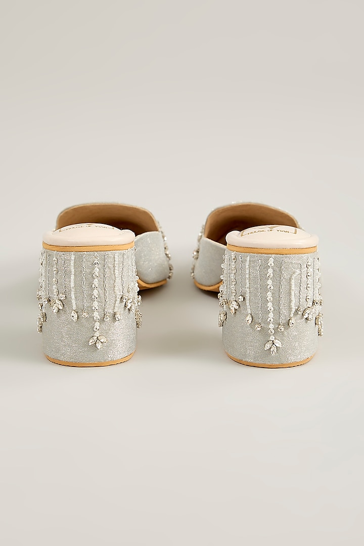 Silver Shimmer Banana Crepe Crystal Embroidered Mule Heels by House of Vian at Pernia's Pop Up Shop