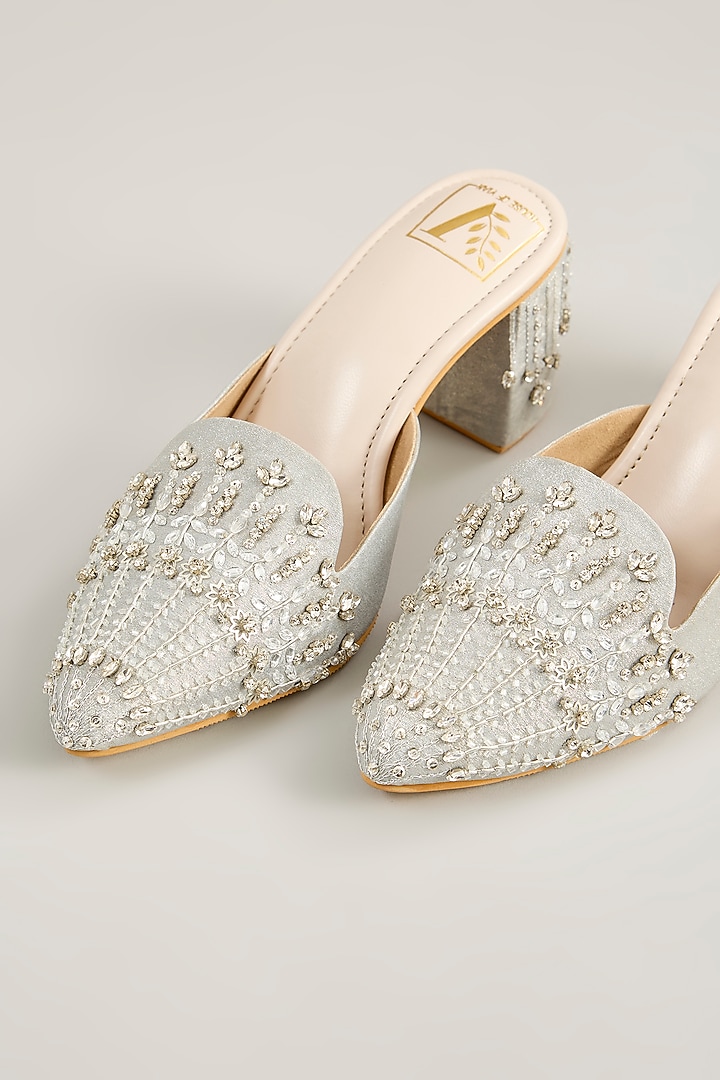 Silver Shimmer Banana Crepe Crystal Embroidered Mule Heels by House of Vian at Pernia's Pop Up Shop