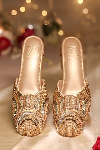 Gold Dupion Silk Geometric Embellished Mule Heels by House of Vian