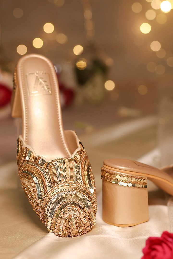 Gold Dupion Silk Geometric Embellished Mule Heels by House of Vian at Pernia's Pop Up Shop