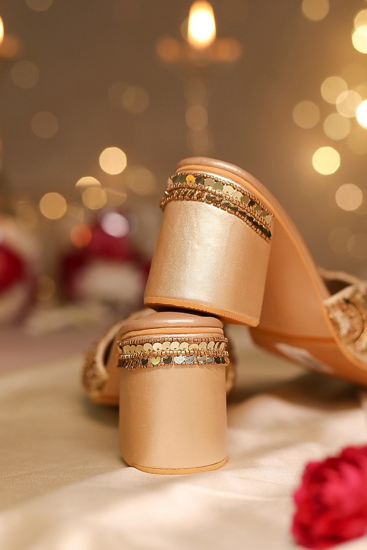 Gold Dupion Silk Geometric Embellished Mule Heels by House of Vian at Pernia's Pop Up Shop