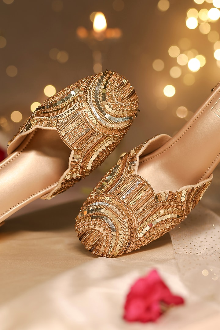 Gold Dupion Silk Geometric Embellished Mule Heels by House of Vian at Pernia's Pop Up Shop