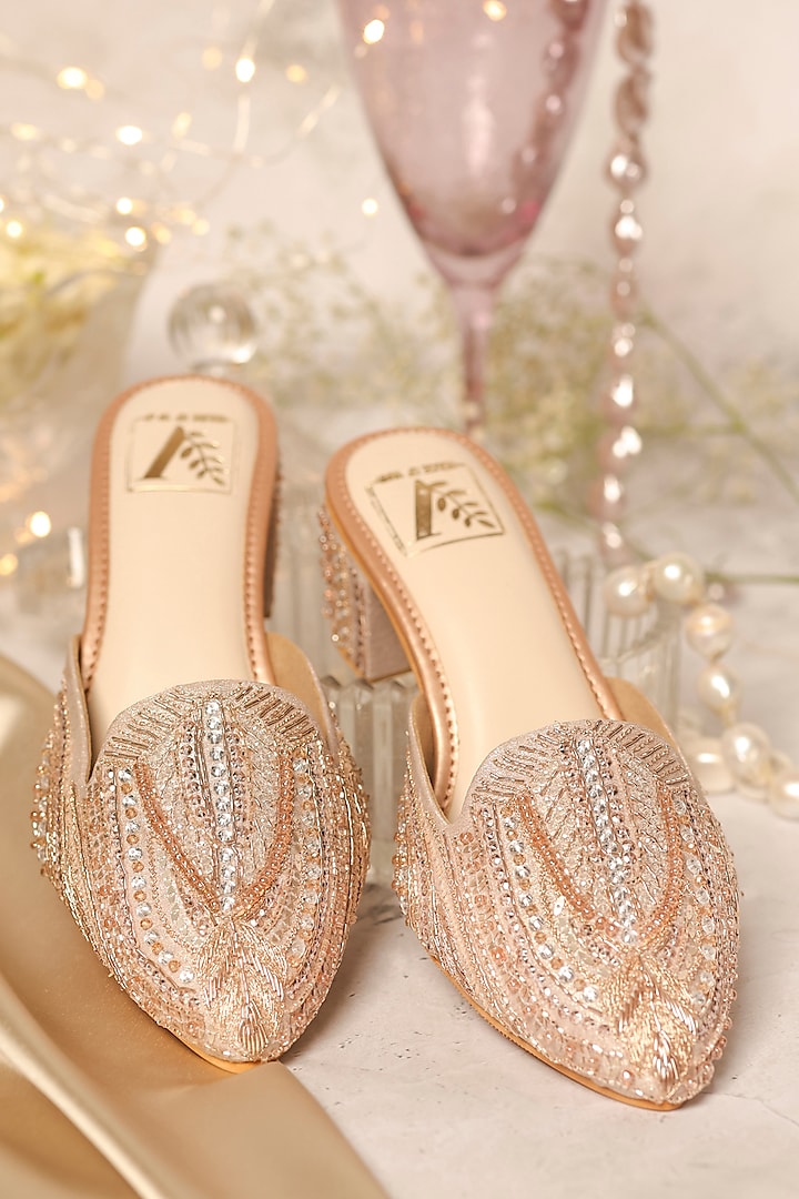 Rose Gold Shimmer Banana Crepe Crystal Embellished Mule Heels by House of Vian