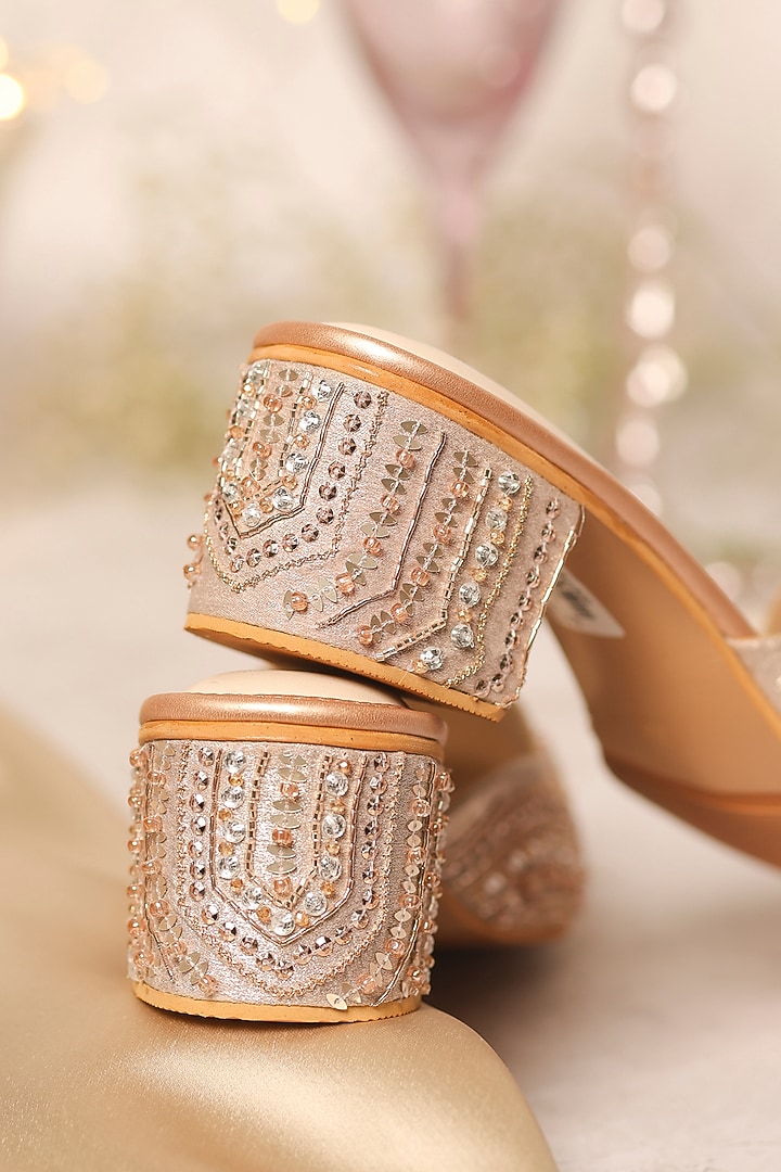 Rose Gold Shimmer Banana Crepe Crystal Embellished Mule Heels by House of Vian at Pernia's Pop Up Shop