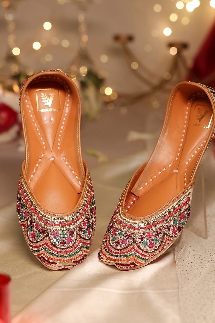 Multi-Colored Dupion Silk Mirror Embroidered Juttis by House of Vian