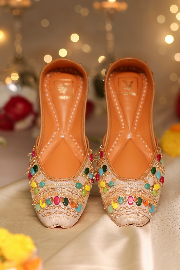 Multi-Colored Shimmer Banana Crepe Embroidered Juttis by House of Vian at Pernia's Pop Up Shop