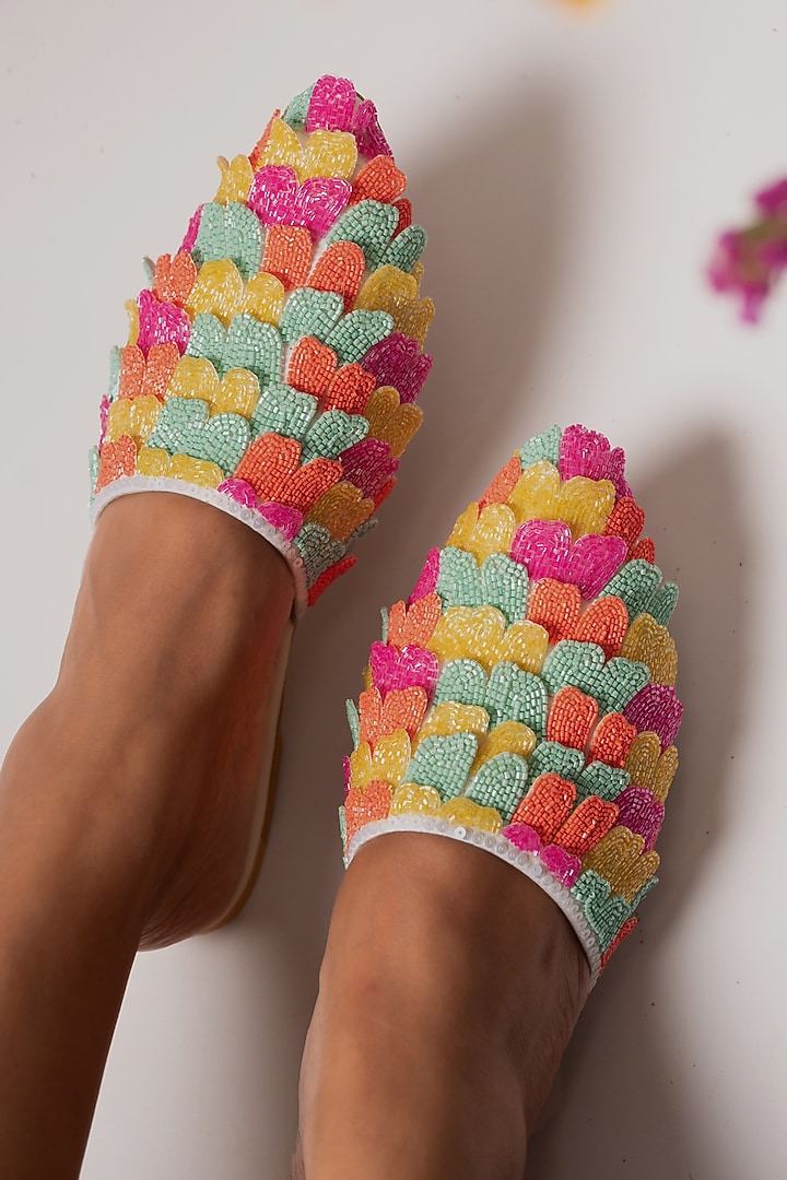 Multi-Colored Crepe Embellished Mules by House of Vian at Pernia's Pop Up Shop