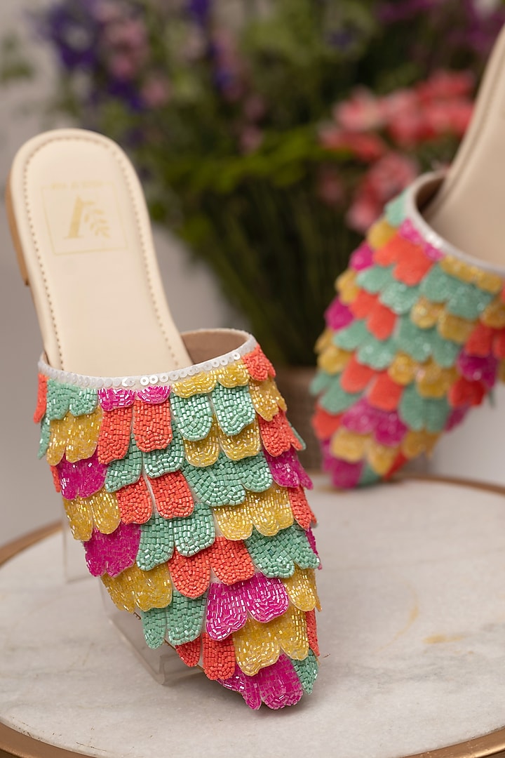 Multi-Colored Crepe Embellished Mules by House of Vian at Pernia's Pop Up Shop