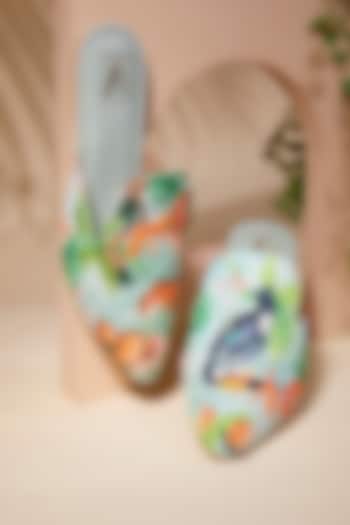 Blue Canvas Printed & Beads Work Handcrafted Mule Flats by House of Vian at Pernia's Pop Up Shop