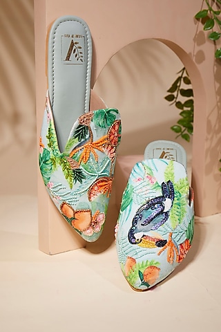 Blue Canvas Printed & Beads Work Handcrafted Mule Flats by House of Vian