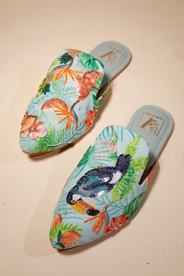 Blue Canvas Printed & Beads Work Handcrafted Mule Flats by House of Vian at Pernia's Pop Up Shop