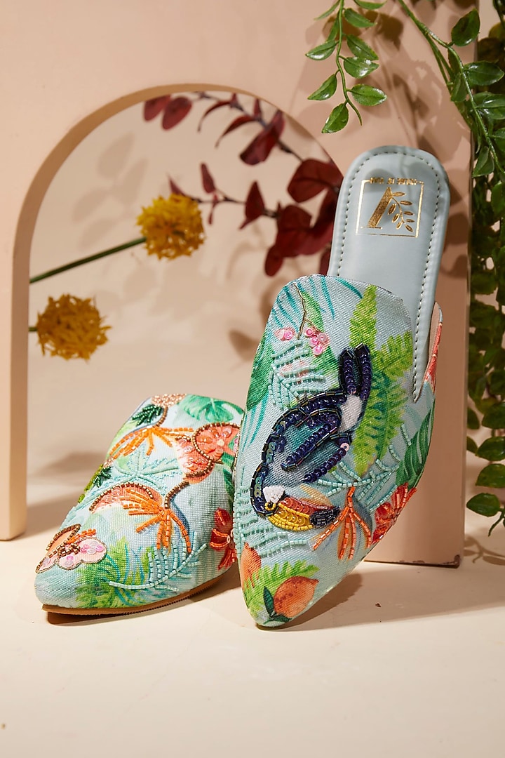 Blue Canvas Printed & Beads Work Handcrafted Mule Flats by House of Vian at Pernia's Pop Up Shop