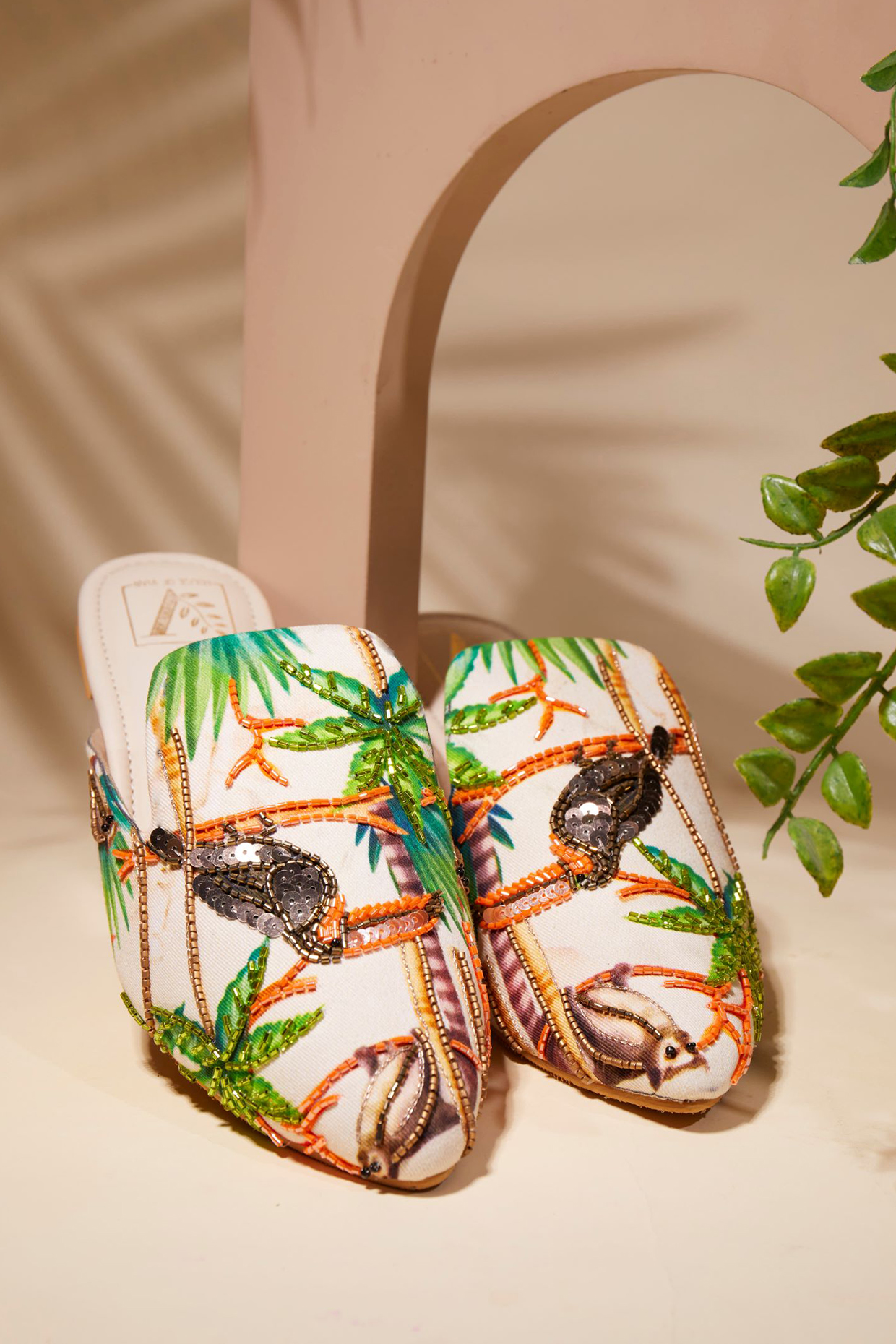 Beige Canvas Tropical Printed Handcrafted Mule Flats by House of Vian at Pernia's Pop Up Shop