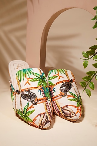 Beige Canvas Tropical Printed Handcrafted Mule Flats by House of Vian